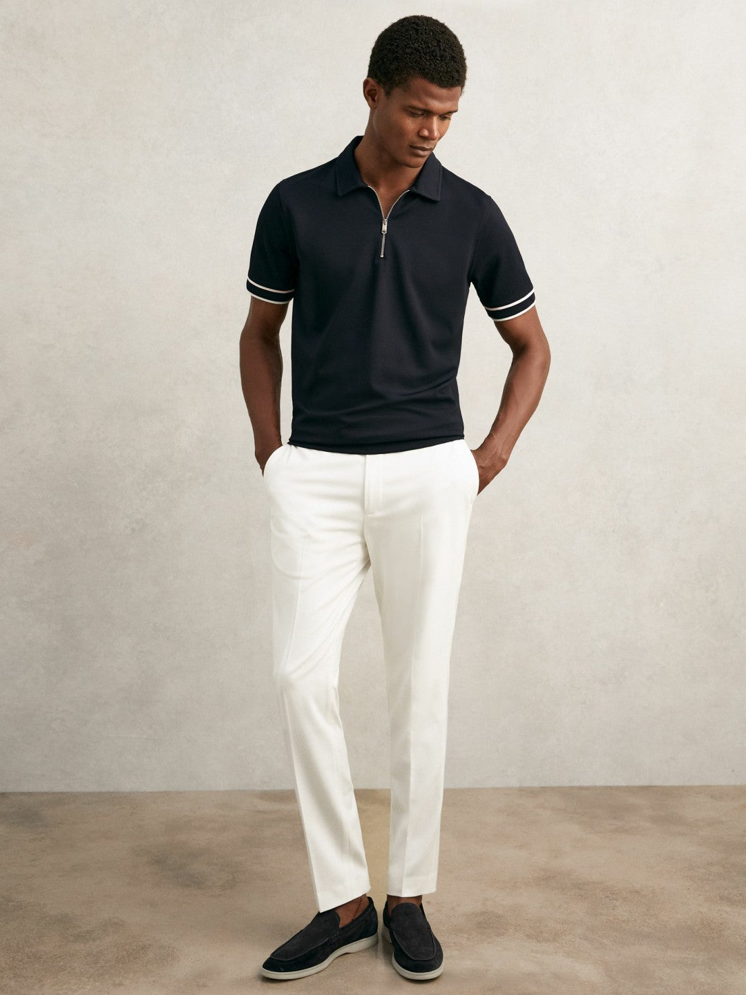 Textured Half-Zip Tipped Polo Shirt in Navy Men | Reiss