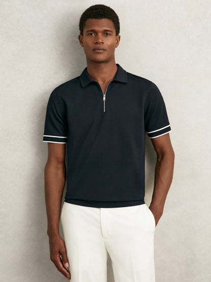 Textured Half-Zip Tipped Polo Shirt in Navy Men | Reiss
