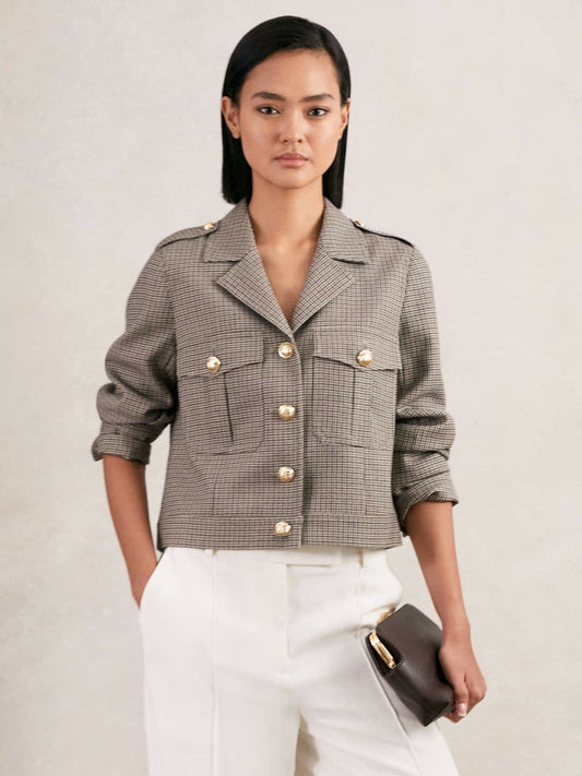 Wool Twin-Pocket Cropped Jacket in Neutral Check Women | Reiss