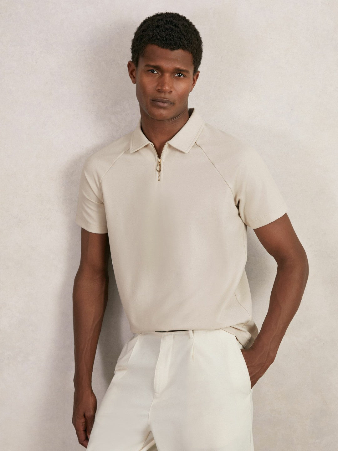 Textured Raglan Half-Zip Polo Shirt in Stone Men | Reiss