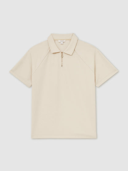 Textured Raglan Half-Zip Polo Shirt in Stone Men | Reiss