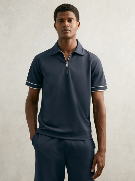 Textured Half-Zip Tipped Polo Shirt in Airforce Blue Men | Reiss