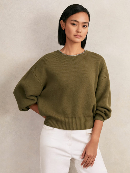 Wool-Blend Necklace-Trim Jumper with Cashmere in Sage Green Women | Reiss