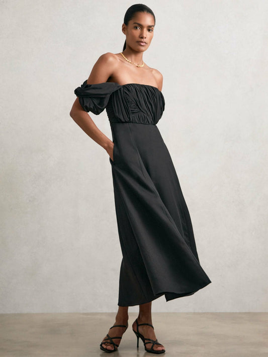 Bardot Sculpted Bodice Midi Dress With Linen in Black Women | Reiss