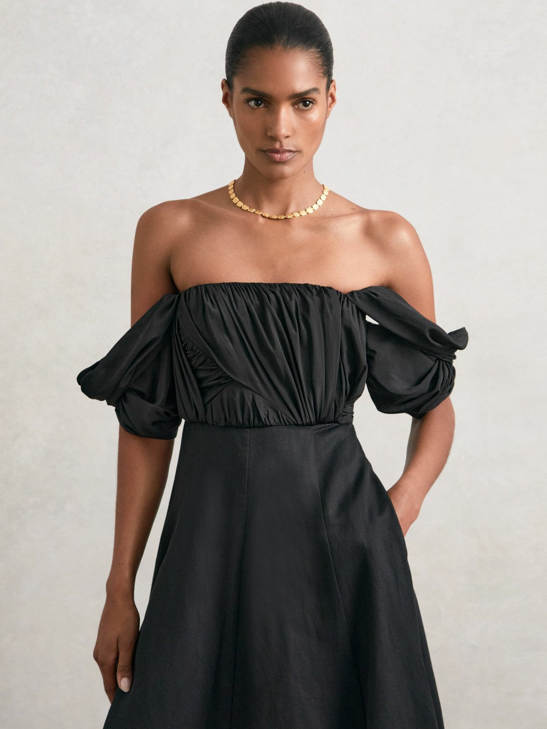 Bardot Sculpted Bodice Midi Dress With Linen in Black Women | Reiss