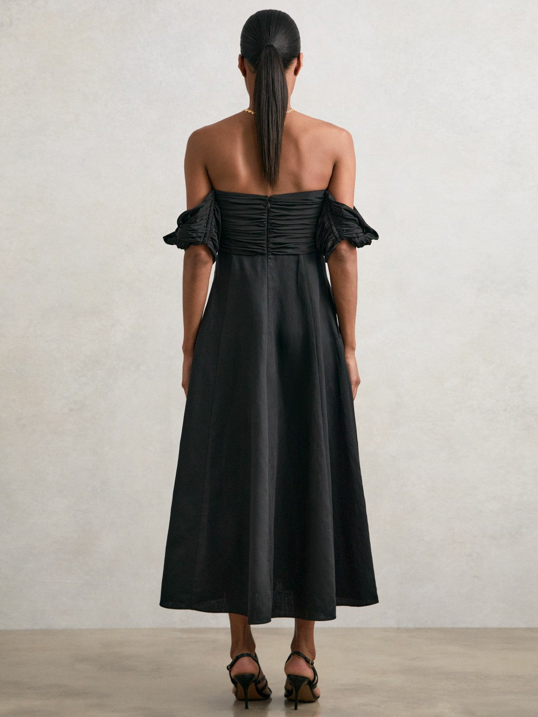 Bardot Sculpted Bodice Midi Dress With Linen in Black Women | Reiss