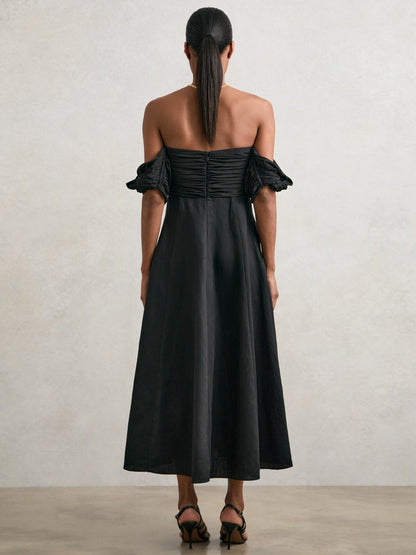 Bardot Sculpted Bodice Midi Dress With Linen in Black Women | Reiss
