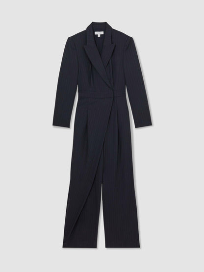 Pinstripe Tailored Wide-Leg Jumpsuit with Wool in Navy Women | Reiss