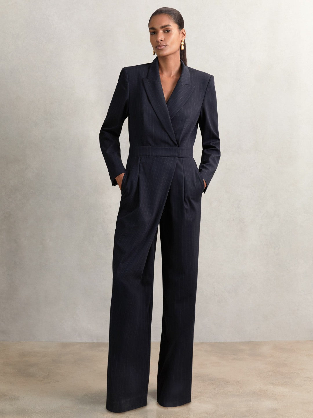 Pinstripe Tailored Wide-Leg Jumpsuit with Wool in Navy Women | Reiss
