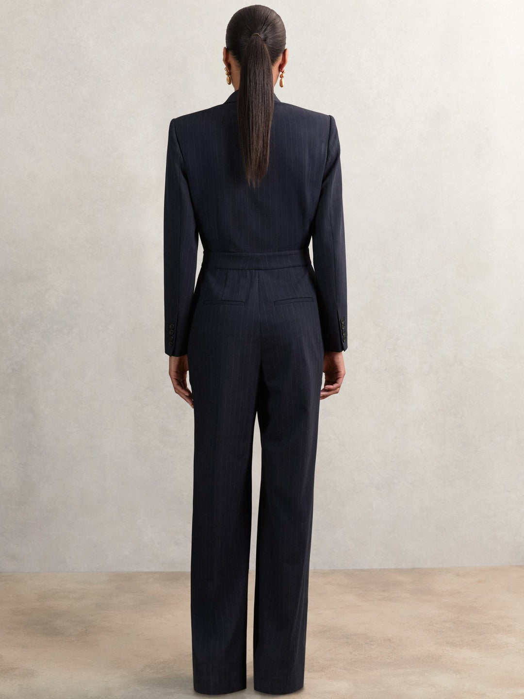 Pinstripe Tailored Wide-Leg Jumpsuit with Wool in Navy Women | Reiss