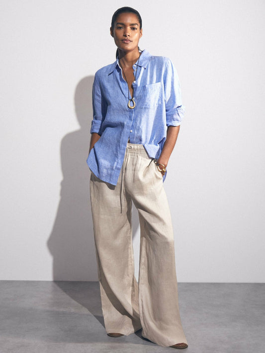 Petite Linen-Blend Wide-Leg Trousers in Neutral Women | Reiss