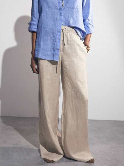 Petite Linen-Blend Wide-Leg Trousers in Neutral Women | Reiss
