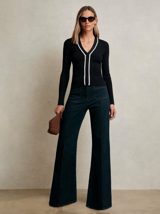 Craft-Stitch Rib-Knit Top in Navy/White Women | Reiss