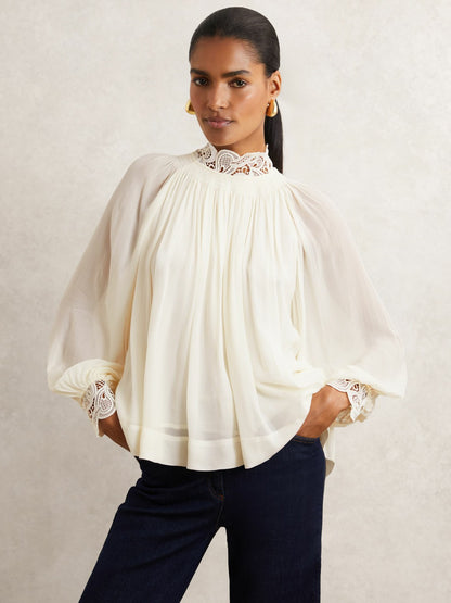 Lace-Trim Draped Chiffon Top in Cream Women | Reiss