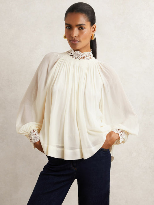 Lace-Trim Draped Chiffon Top in Cream Women | Reiss