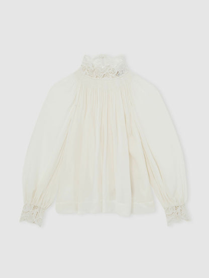 Lace-Trim Draped Chiffon Top in Cream Women | Reiss
