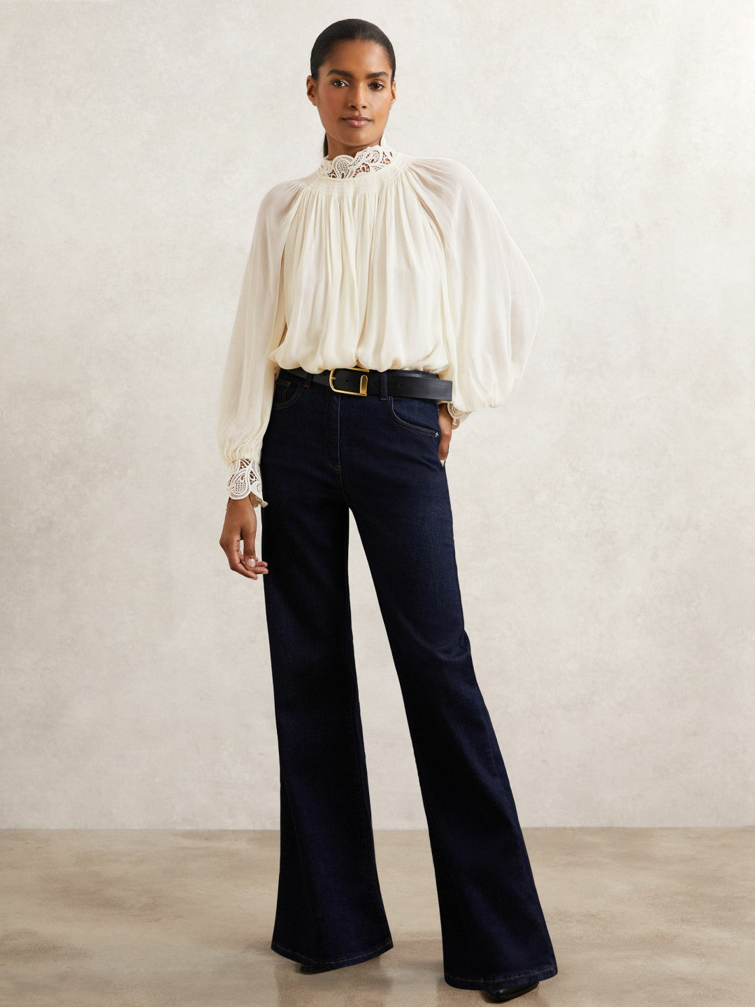 Lace-Trim Draped Chiffon Top in Cream Women | Reiss