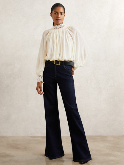 Lace-Trim Draped Chiffon Top in Cream Women | Reiss