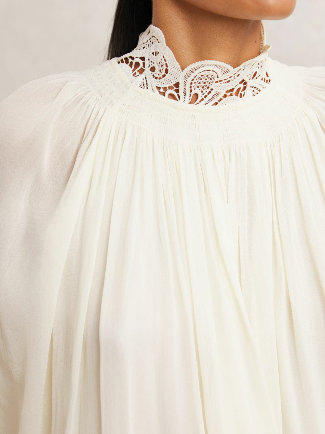 Lace-Trim Draped Chiffon Top in Cream Women | Reiss