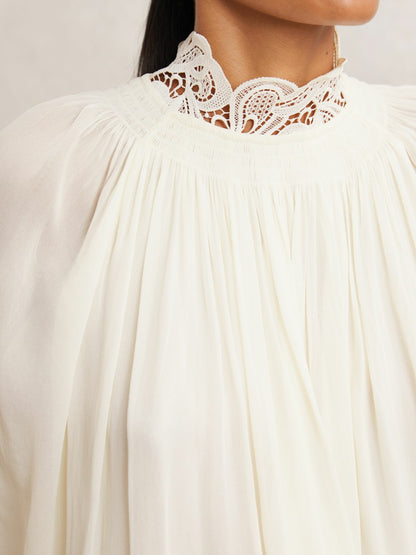Lace-Trim Draped Chiffon Top in Cream Women | Reiss