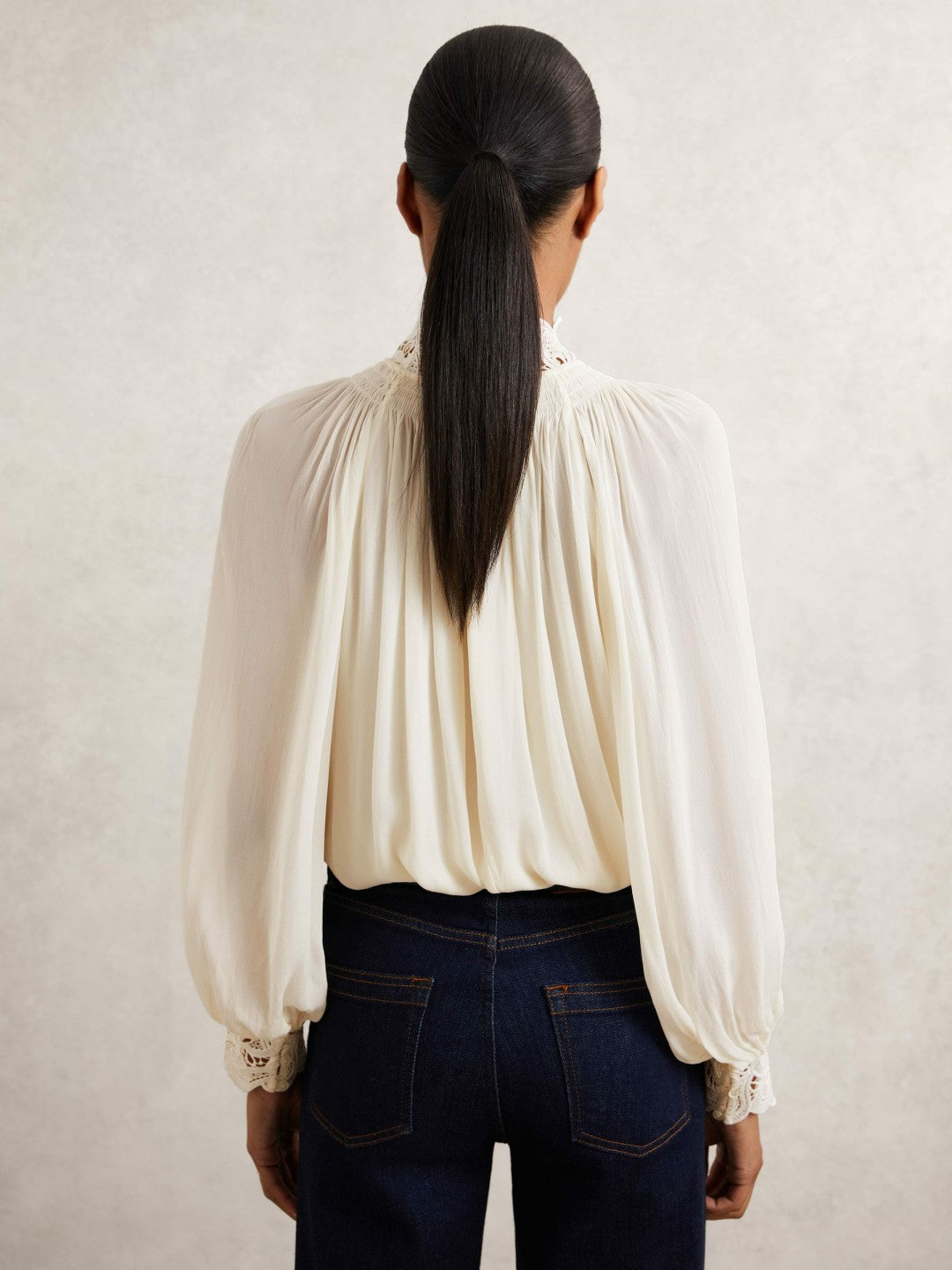 Lace-Trim Draped Chiffon Top in Cream Women | Reiss