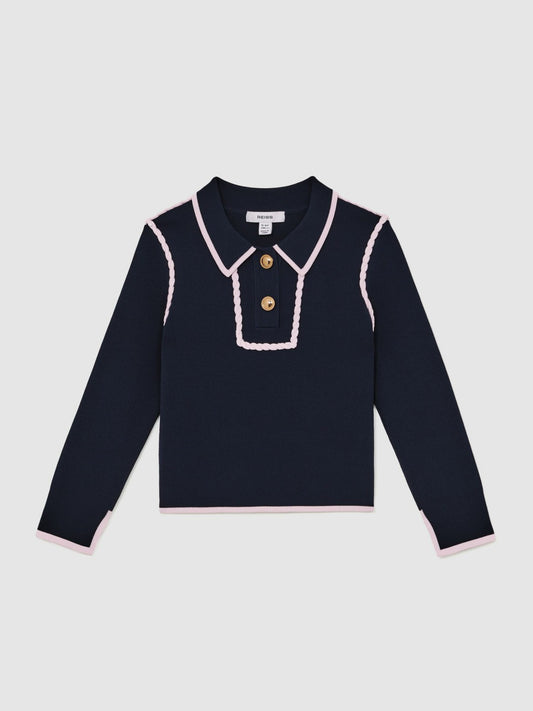 13-14 yrs Piped Knitted Collar Top in Navy Children & Baby | Reiss