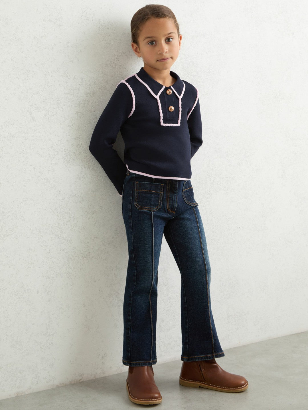 13-14 yrs Piped Knitted Collar Top in Navy Children & Baby | Reiss