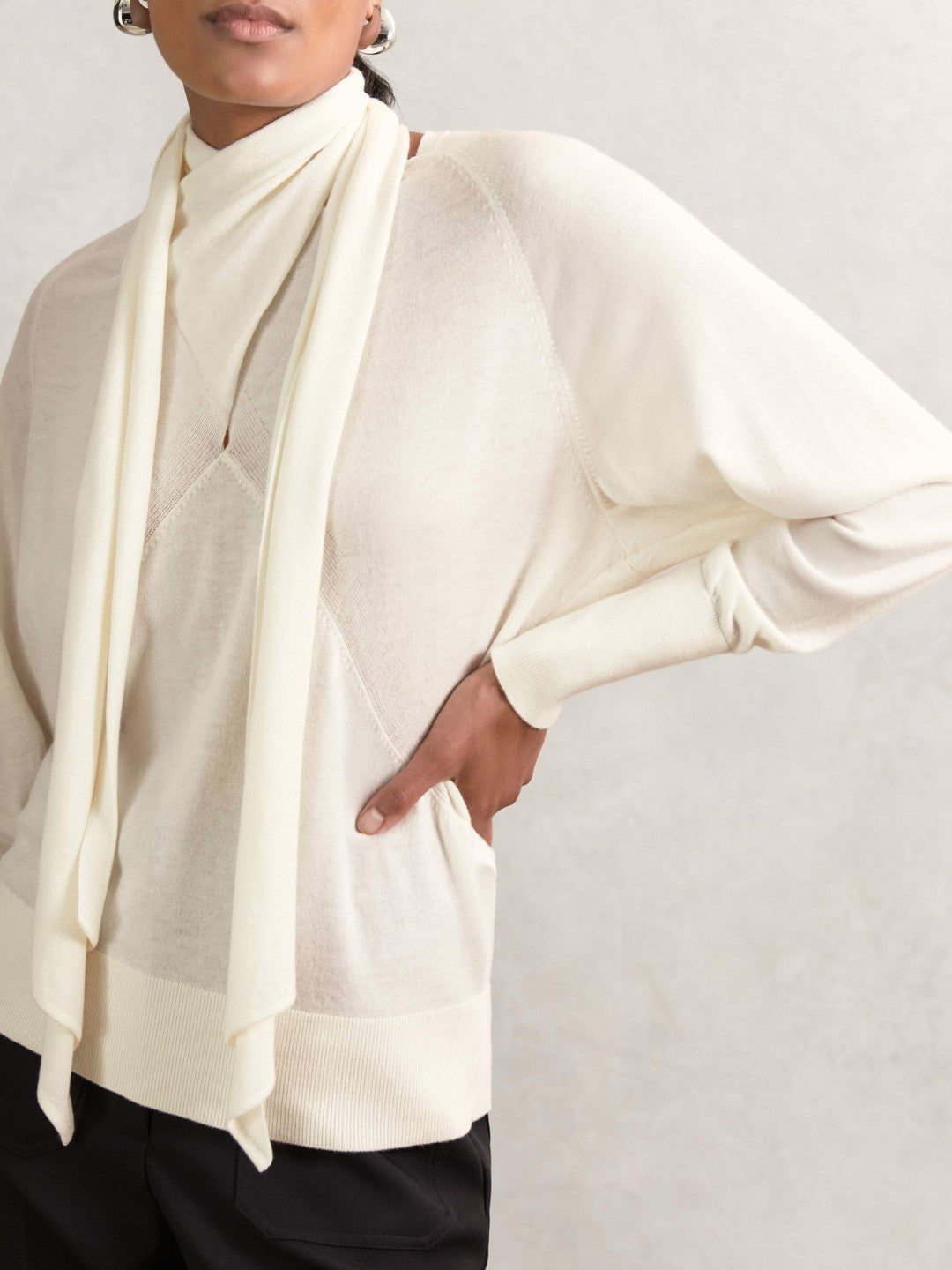 Wool Scarf-Tie Draped Jumper in Cream Women | Reiss
