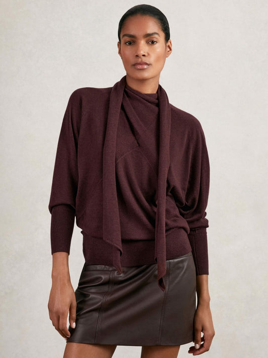 Wool Scarf-Tie Draped Jumper in Burgundy Women | Reiss