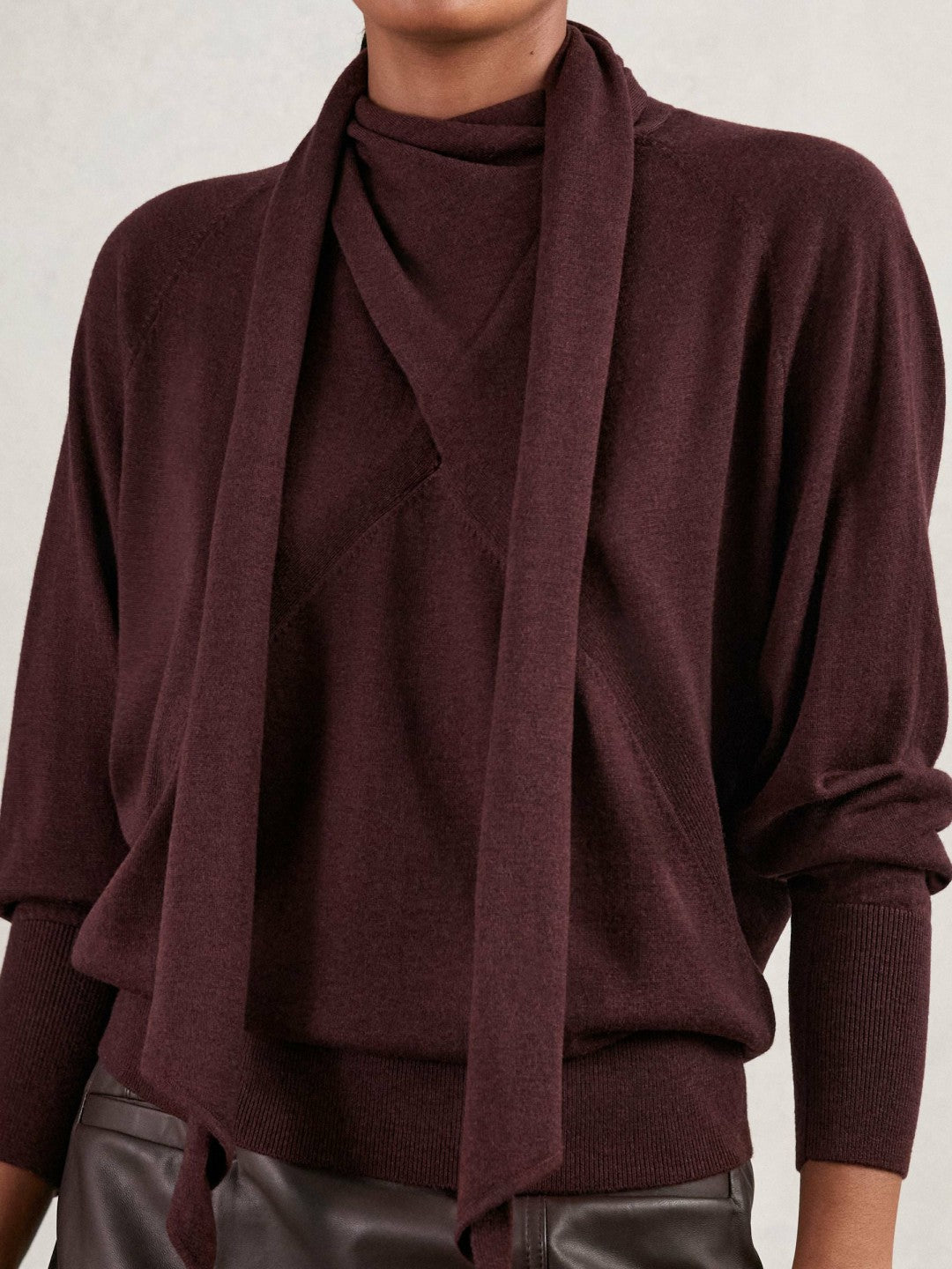 Wool Scarf-Tie Draped Jumper in Burgundy Women | Reiss