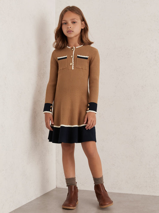 3-9 yrs Scallop-Trim Rib-Knit Dress in Camel Children & Baby | Reiss