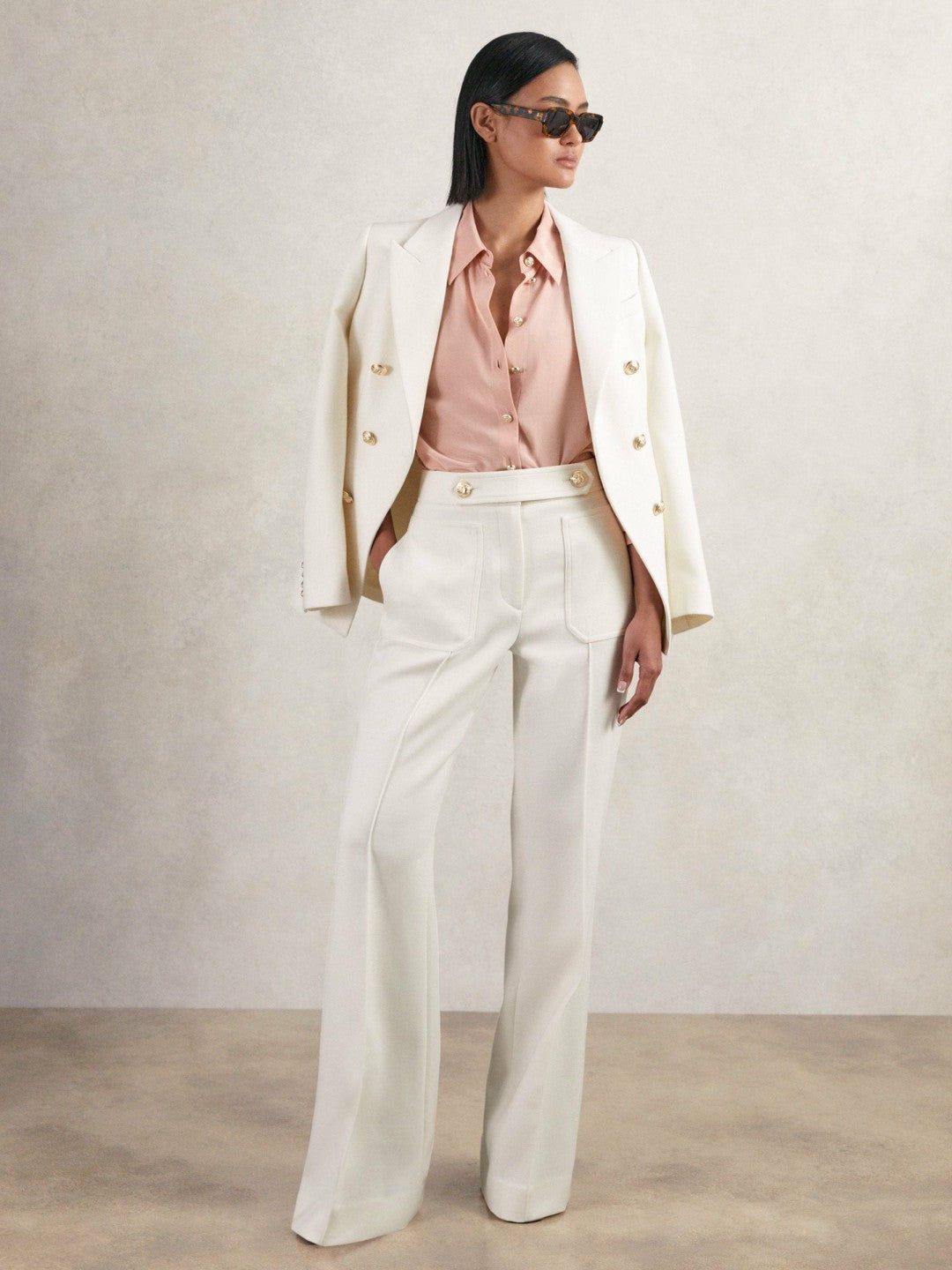 Twill Button-Tab Flared Trousers With Wool in White Women | Reiss