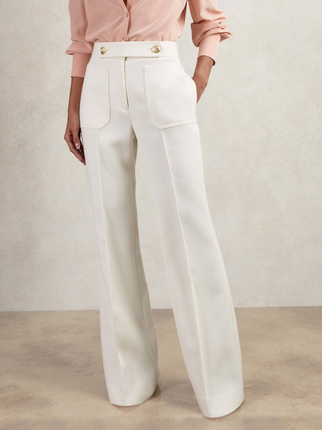 Twill Button-Tab Flared Trousers With Wool in White Women | Reiss