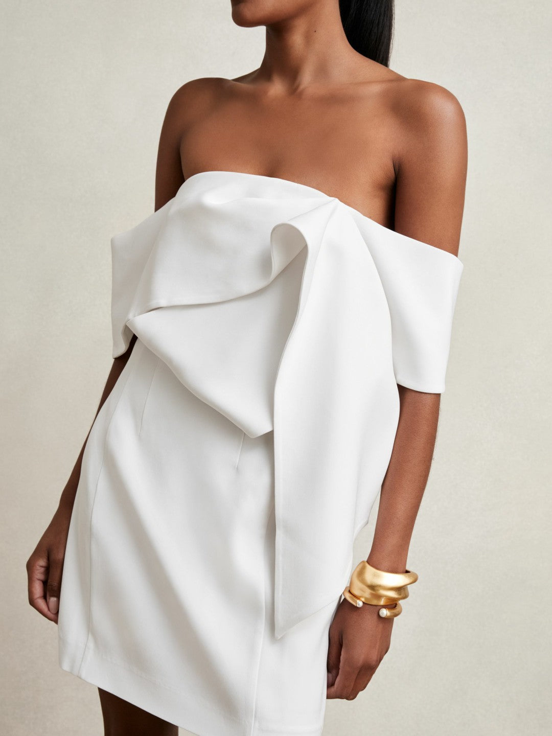 Sculptural Off-Shoulder Mini Dress in Ivory Women | Reiss