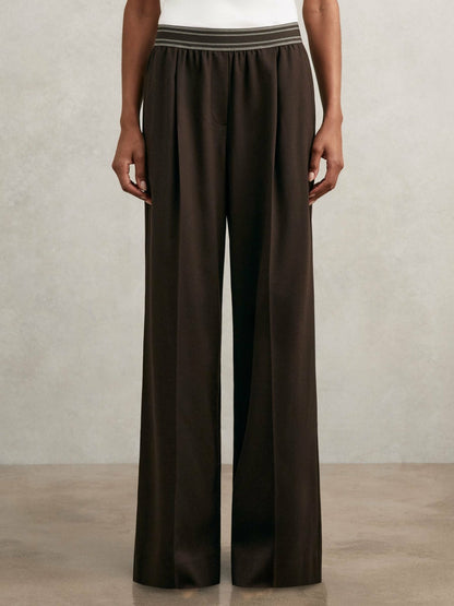 Petite Wide-Leg Contrast-Waistband Trousers in Chocolate Brown Women | Reiss