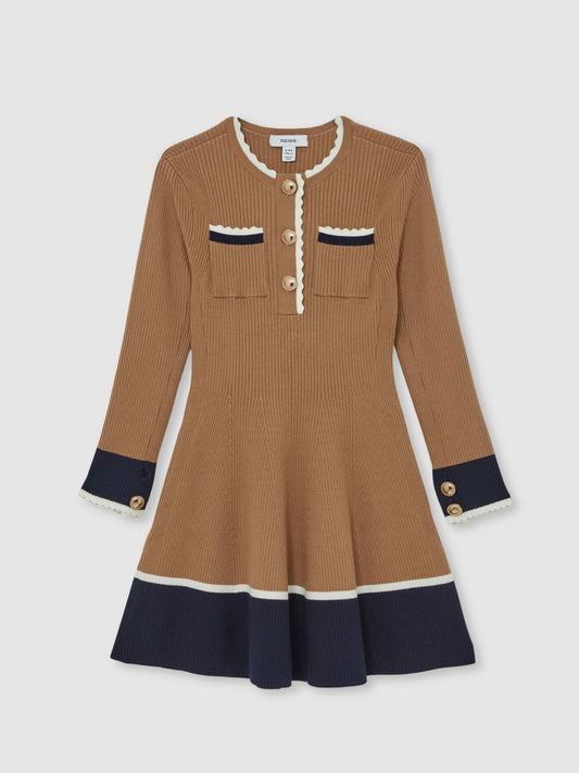 13-14 yrs Scallop-Trim Rib-Knit Dress in Camel Children & Baby | Reiss