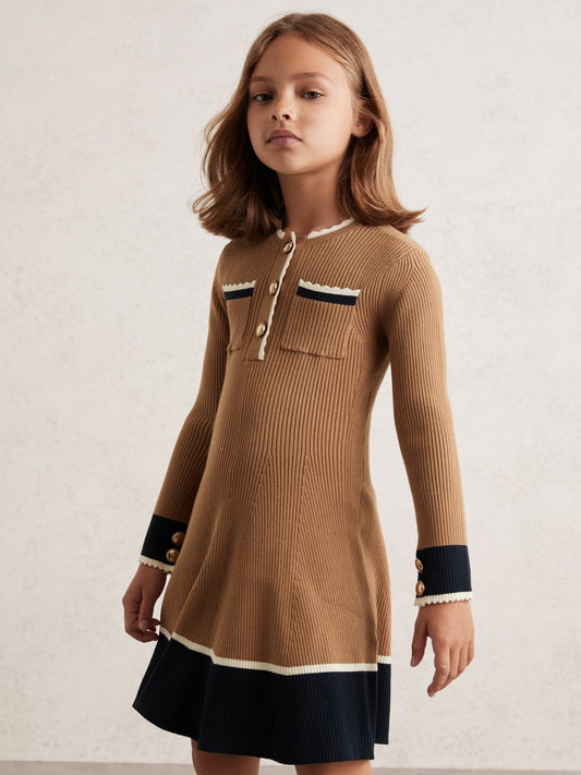9-13 yrs Scallop-Trim Rib-Knit Dress in Camel Children & Baby | Reiss