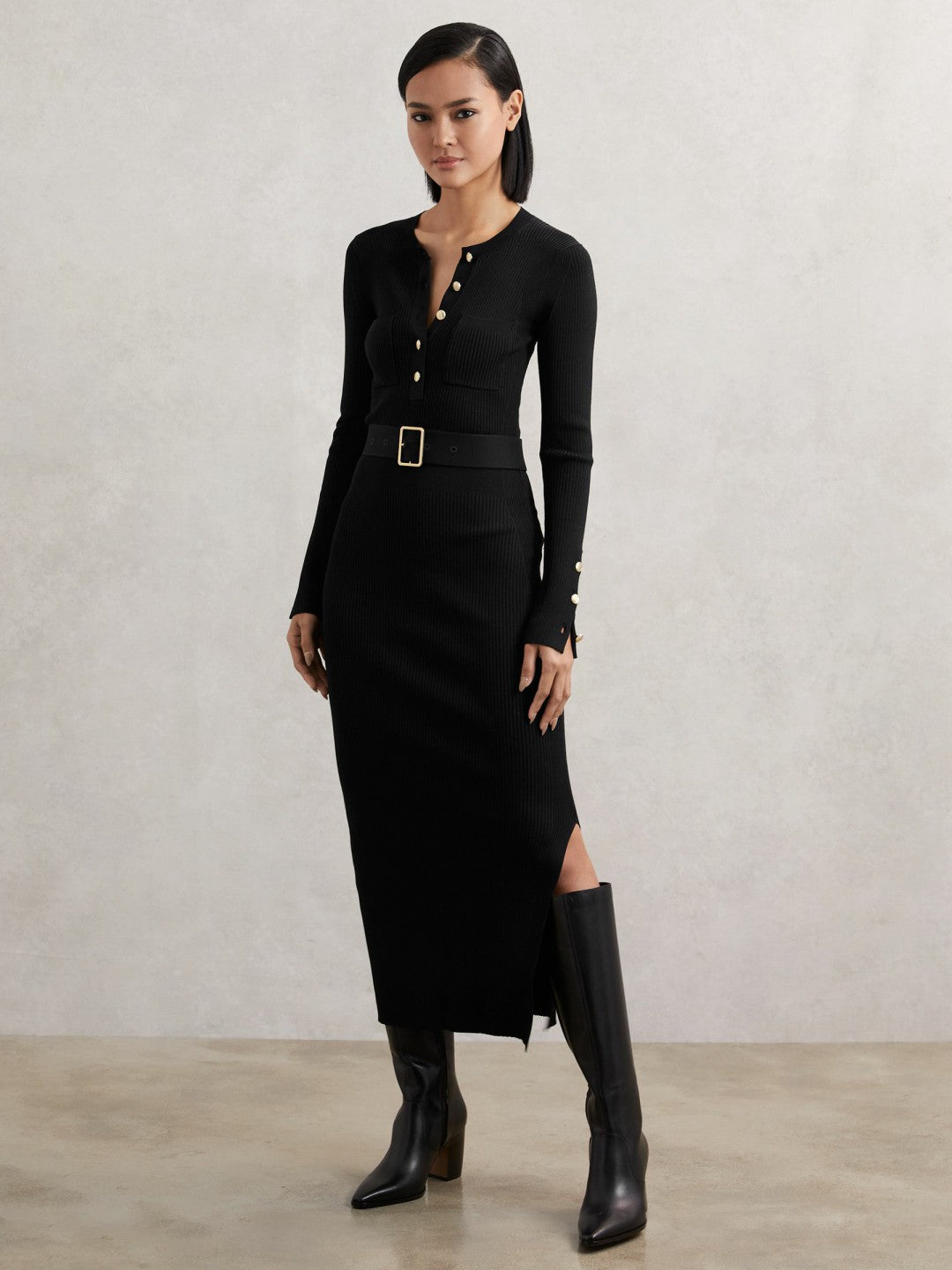 Buttoned Rib-Knit Midi Dress in Black Women | Reiss