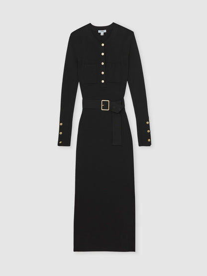 Buttoned Rib-Knit Midi Dress in Black Women | Reiss
