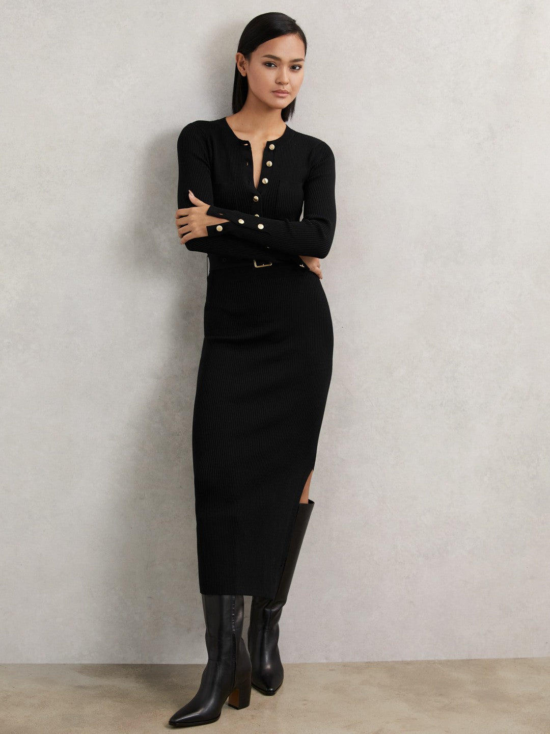 Buttoned Rib-Knit Midi Dress in Black Women | Reiss