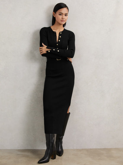 Buttoned Rib-Knit Midi Dress in Black Women | Reiss