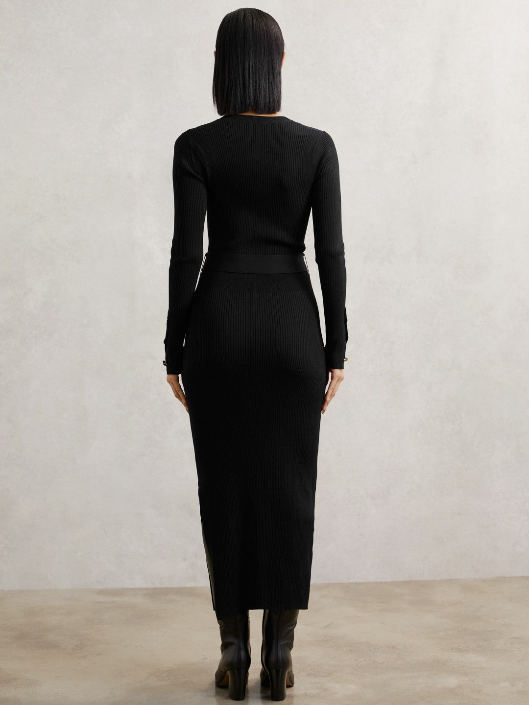Buttoned Rib-Knit Midi Dress in Black Women | Reiss