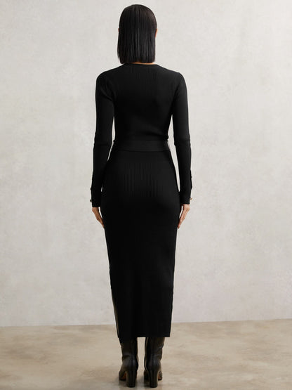 Buttoned Rib-Knit Midi Dress in Black Women | Reiss