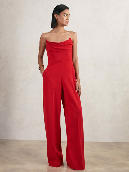 Structured Strapless Wide-Leg Jumpsuit in Red Women | Reiss
