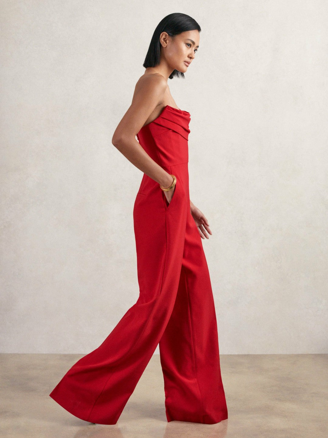 Structured Strapless Wide-Leg Jumpsuit in Red Women | Reiss