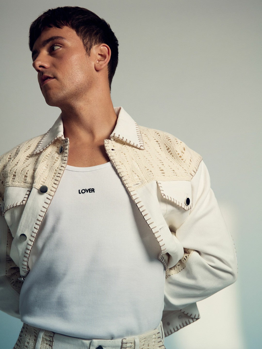 | Tom Daley Crochet Denim Jacket in Off White Men | Reiss
