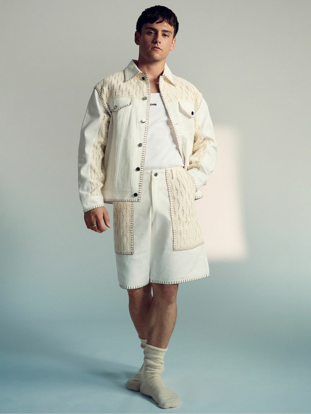 | Tom Daley Crochet Denim Jacket in Off White Men | Reiss