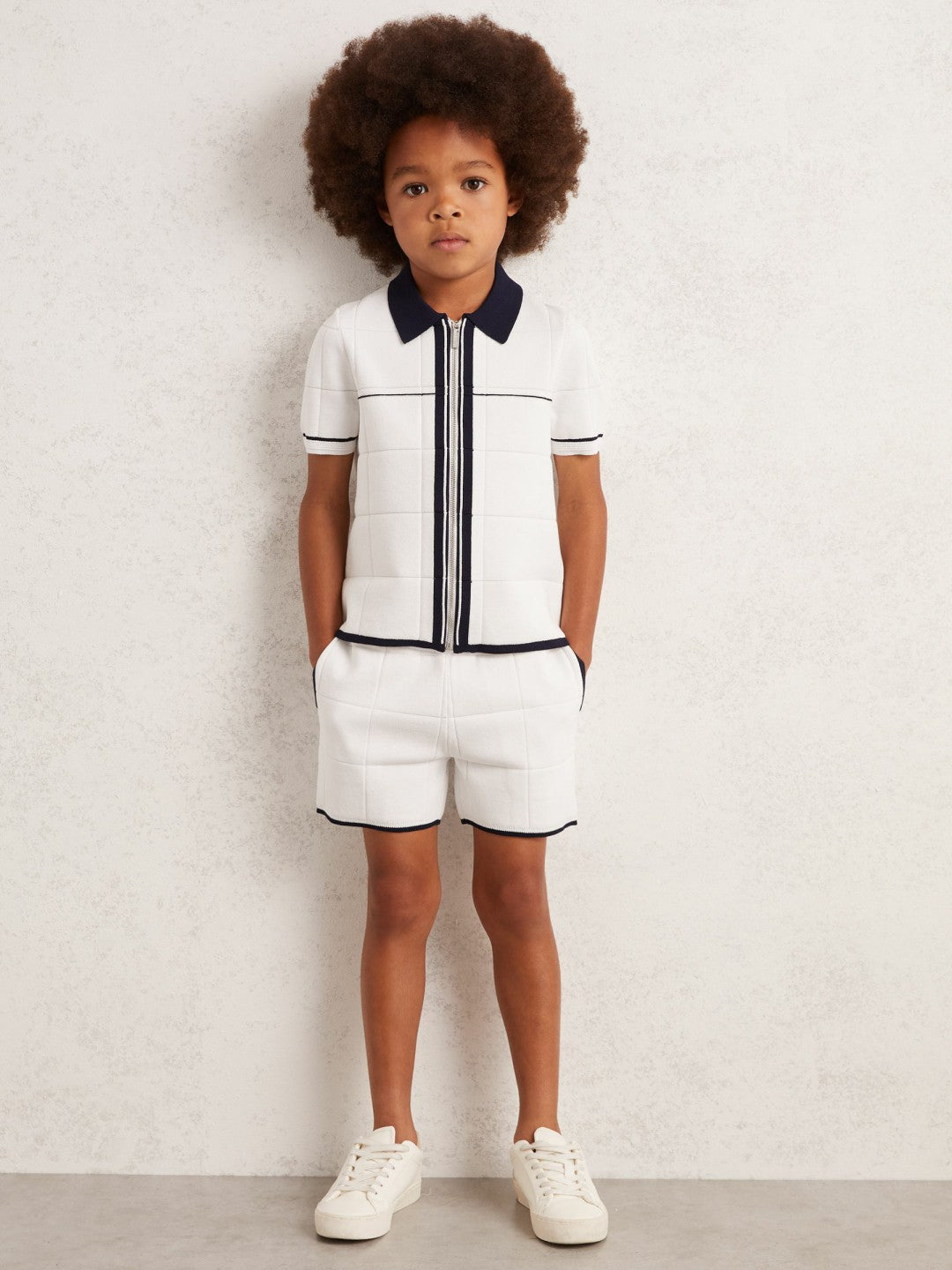 Tipped Knit Stitch-Detail Shorts in White/Navy Children & Baby | Reiss