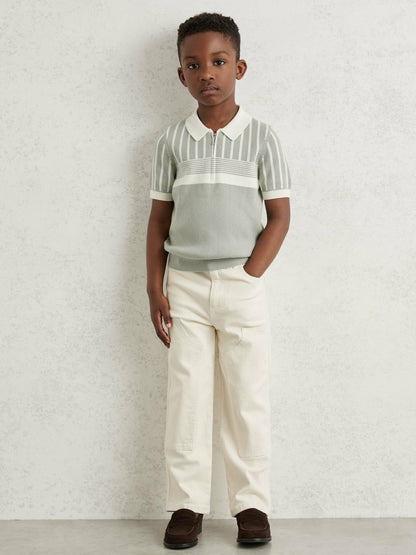 3-9 yrs Cotton Stripe Knit Half-Zip Polo Shirt in Sage Green/Off White Children & Baby | Reiss