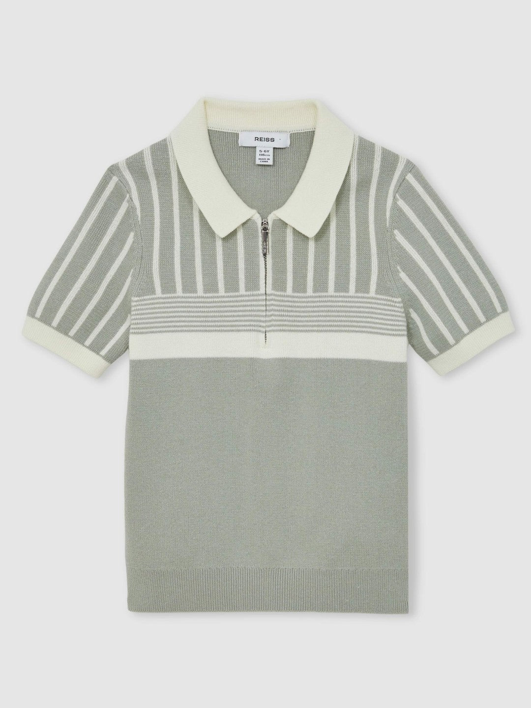 3-9 yrs Cotton Stripe Knit Half-Zip Polo Shirt in Sage Green/Off White Children & Baby | Reiss